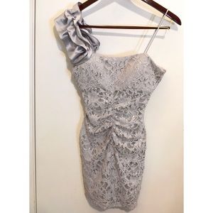 Silver/grey Ruffle Shoulder Occasion Dress